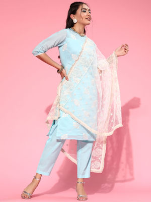 Indo Era Olive Embroidered Straight Kurta Trouser With Dupatta Set