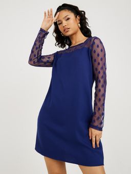 Styli - Navy Blue Long Sleeves Flocked Mini Dress with Mesh Insert