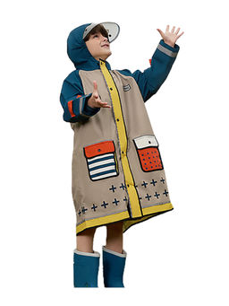 Little Surprise Box - Bold Geometric Print Beige And Teal Raincoat For Kids