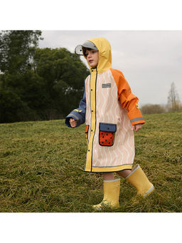 Little Surprise Box - Bold Geometric Print Cream And Orange Raincoat For Kids