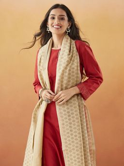 Fabindia - Beige Cotton Silk Blend Block Printed Dupatta