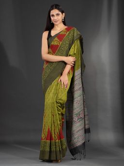 CHARUKRITI - Sap Green Handspun Cotton Hand Woven Soft Saree with Kotki Design with Unstitched Blouse