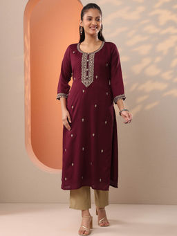 Libas - Maroon Motif Embroidered Sequined Straight Kurta