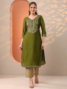 Libas - Green Yoke Design Embroidered Sequined Straight Kurta