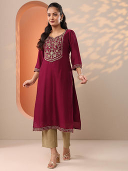 Libas - Wine Embroidered Sequined Regular Fit Kurta