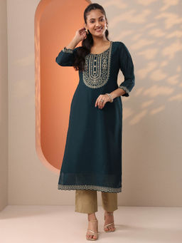 Libas - Teal Embroidered Sequined Straight Kurta