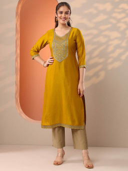 Libas - Mustard Embroidered Sequined Straight Kurta