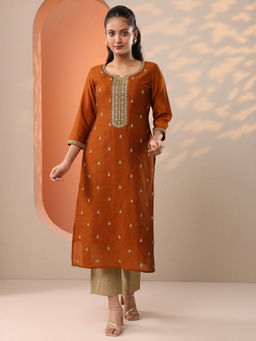 Libas - Rust Embroidered Sequined Straight Kurta