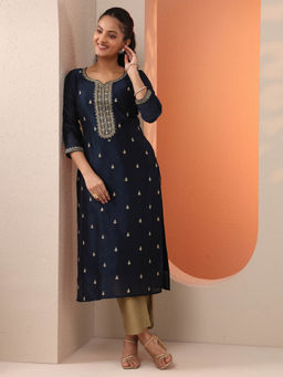 Libas - Navy Blue Embroidered Sequined Straight Kurta