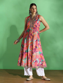 Globus - Women Multi-Color Floral Printed Embroidered Anarkali Kurta