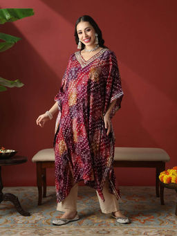 Globus - Women Purple Embroidered Ethnic Printed Gotta Patti Kaftan Kurta