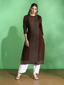 Globus - Women Brown Weave Knitted Acrylic Woven Winter Wear Kurta