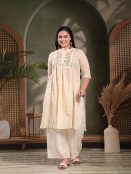 Stylum - Women Plus Size Cream Floral Embroidered Cotton A-Line Kurta