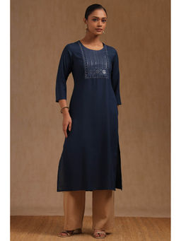 Soch - Women Navy Blue Rayon Embroidered Sequined Kurta