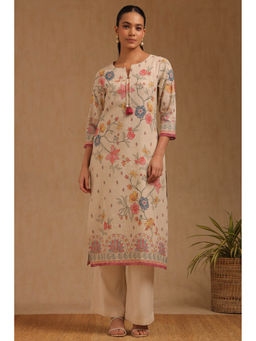 Soch - Women Beige Linen Floral Printed Kurta