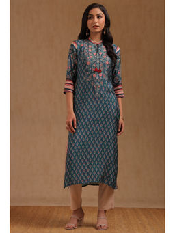Soch - Women Teal Muslin Floral Printed Kurta