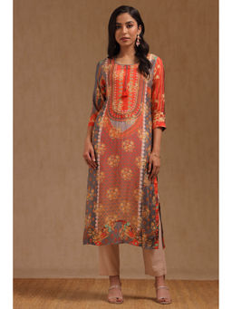 Soch - Women Orange and Grey Muslin Floral Printed Sequined Kurta