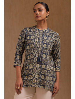 Soch - Women Navy Blue Rayon Botanical Floral Printed Tunic
