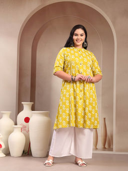 Stylum - Women Plus Size Yellow Floral Printed Rayon A-Line Kurta