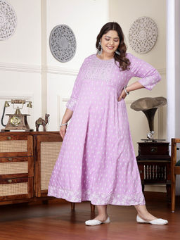 Stylum - Women Plus Size Lavender Floral Embroidered Anarkali Kurta