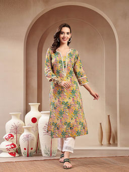 Stylum - Women Mustard Botanical Floral Printed Straight Cotton Kurta