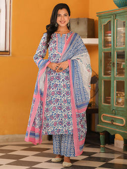 Rain & Rainbow - Women Blue Floral Printed Cotton Kurta with Pant and Dupatta