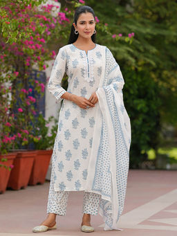 Rain & Rainbow - Women Blue-White Floral Printed Pure Cotton Kurta with Pant and Dupatta
