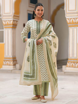 Rain & Rainbow - Women Green-Beige Floral Printed Kurta with Pant and Dupatta