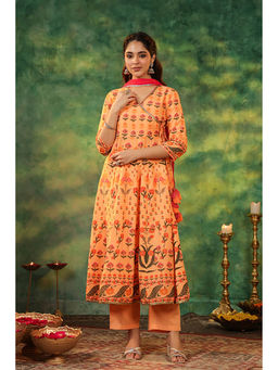 Rain & Rainbow - Women Orange Floral Printed Angarkha Kurta with Pant and Dupatta