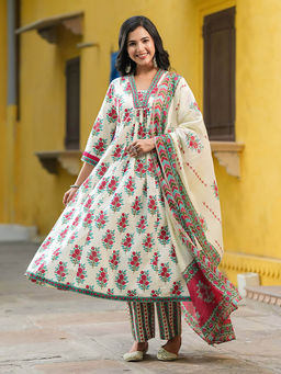 Rain & Rainbow - Pink-Off White Floral Printed Kurta with Pant and Dupatta