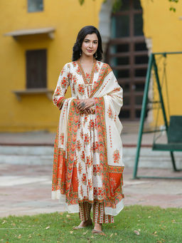 Rain & Rainbow - Orange-Off White Floral Printed Kurta with Pant and Dupatta
