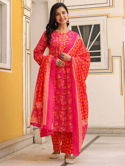 Rain & Rainbow - Women Pink Floral Printed Cotton A-Line Kurta with Pant and Dupatta