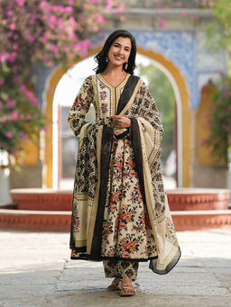 Rain & Rainbow - Women Beige Floral Printed Anarkali Kurta with Pant and Dupatta
