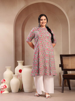 Stylum - Women Plus Size Sky Blue and Pink Floral Printed Cotton Kurta