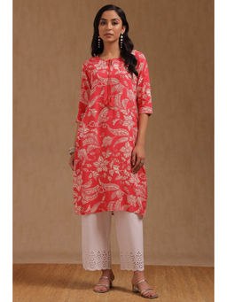 Soch - Women Coral Rayon Floral Printed Kurta