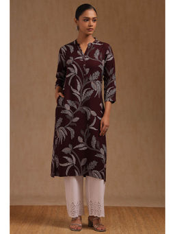 Soch - Women Wine Rayon Botanical Printed Kurta