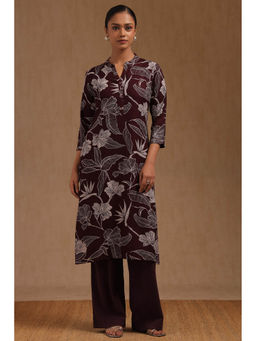 Soch - Women Wine Rayon Floral Printed Kurta
