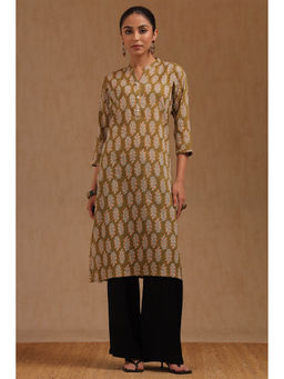 Soch - Women Olive Cotton Botanical Floral Printed Kurta