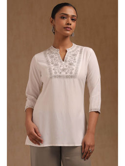 Soch - Women White Rayon Floral Embroidered Tunic