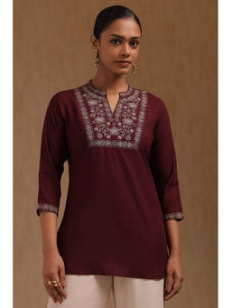Soch - Women Wine Rayon Floral Embroidered Tunic