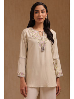 Soch - Women Off White Rayon Floral Embroidered Tunic