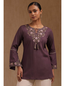 Soch - Women Purple Rayon Floral Embroidered Tunic
