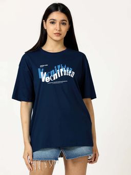 MISCHIEF MONKEY - Printed Navy Blue Oversize T-Shirt