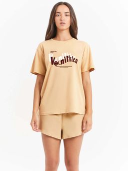 MISCHIEF MONKEY - Printed Beige Oversize T-Shirt
