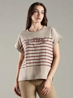 Tommy Hilfiger - Stripes Embroidered Logo Regular Fit Cotton Beige T-Shirt