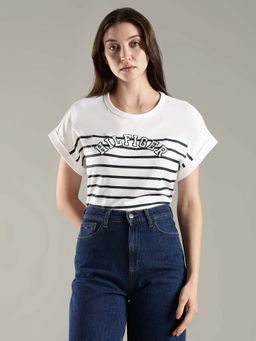 Tommy Hilfiger - Stripes Embroidered Logo Regular Fit Cotton White T-Shirt