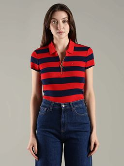 Tommy Hilfiger - Striped Slim Fit Cotton Red Polo T-Shirt