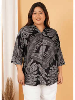 Indietoga Plus Size - Women Plus Size Black Leaf Print Rayon Longline Shirt