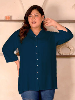 Indietoga Plus Size - Women Plus Size Teal Blue Solid Rayon Longline Shirt