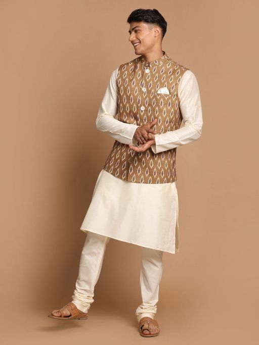 Vastramay Mens Green and Cream Viscose Jacket - Kurta and Pyjama (Set of 3)